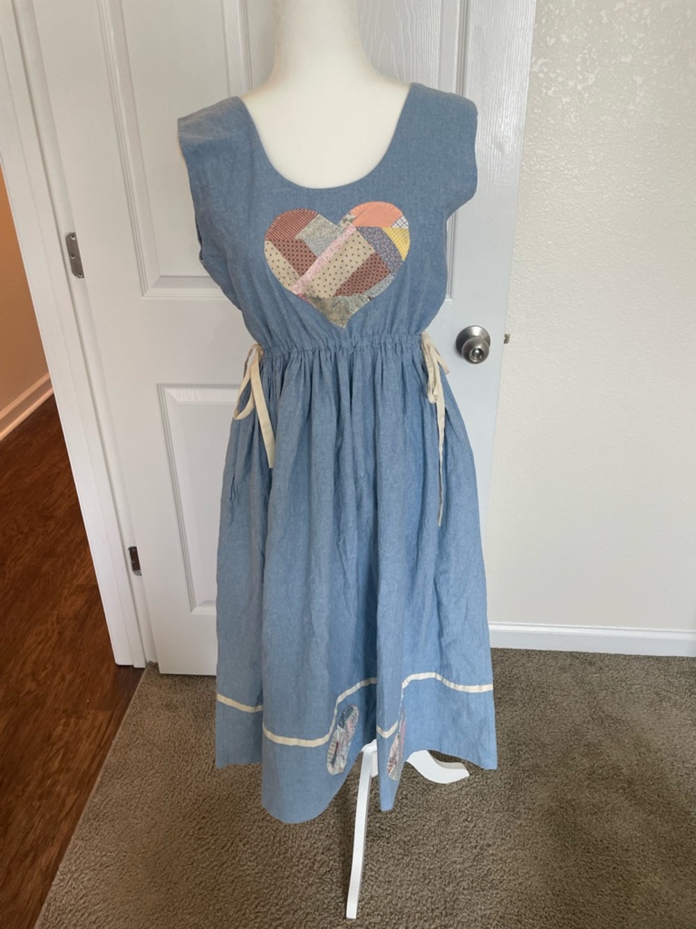 Vintage Blue Patchwork Heart Midi Dress with Cream Ties